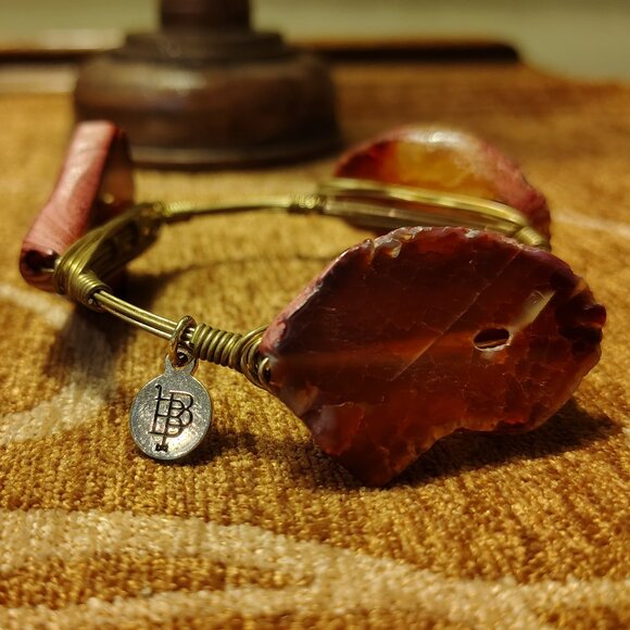 Bourbon and Boweties Bangle Red Translucent Gemstone Gold Plated Copper Wire - Picture 2 of 5